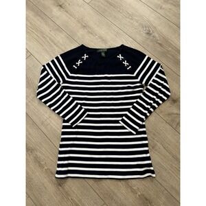 LAUREN RALPH LAUREN Women's Top Navy Cotton Knit Sz Petite‎ PS Boatneck Nautical